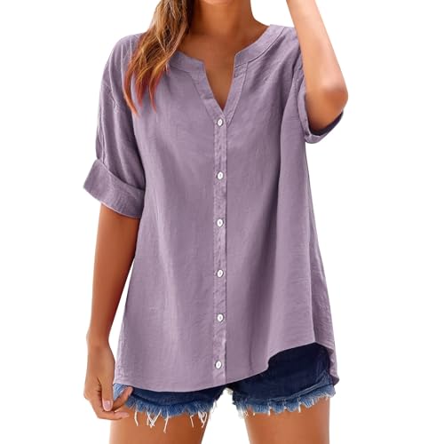 Musselin Bluse Damen Lässiges Kurzarm Hemdbluse Sommer V-Ausschnitt 100% Baumwolle Solide Blusenshirt Elegant Oberteile Mit Tasche Leinenbluse Damen Oversize S/m/l/xl/xl/3xl/4xl/5xl von Generisch