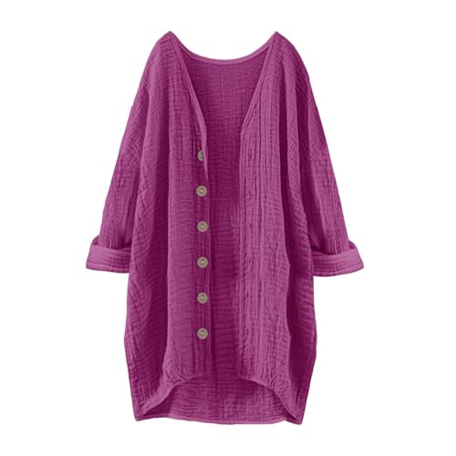 Musselin Bluse Damen Lang, Longbluse Sommer Leinen Baumwolle Button-Down Tunika Lässiges Hemd Elegant Übergröße Leinenbluse Atmungsaktive Blusenshirt Locker Sommerbluse Leicht Musselin Strickjacken von Generisch