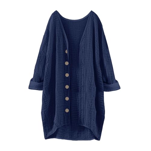 Musselin Bluse Damen Lang, Longbluse Sommer Leinen Baumwolle Button-Down Tunika Lässiges Hemd Elegant Übergröße Leinenbluse Atmungsaktive Blusenshirt Locker Sommerbluse Leicht Musselin Strickjacken von Generisch
