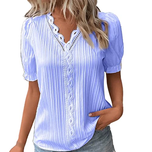 Musselin Bluse Damen Lang Tshirt V Ausschnitt Elegante Oberteile Spitzen Sommer Bluse Tops Für Frauen Kurzarm T-Shirts Lässige Basic Tops Tunika Oberteil Monatsabrechnung Anzeigen von Generisch