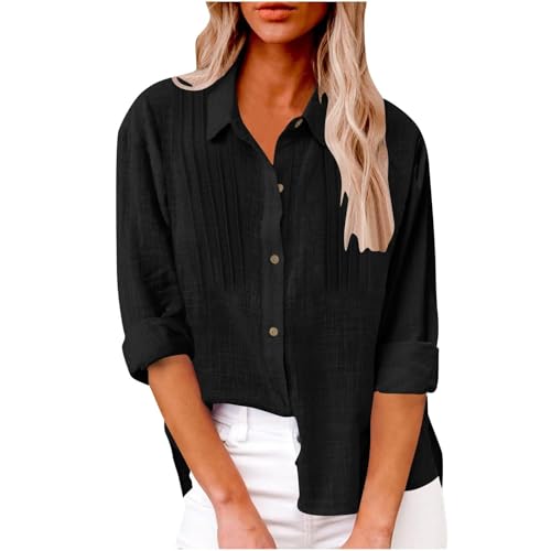 Musselin Bluse Damen Langarm Baumwolle Leinen Sommerblusen V-Ausschnitt Lässiges Einfarbig Kurzarm Strickjacke Revers Shirt Elegant Hemd Locker Langarmshirt Leicht Tuniken Luftig Leinenbluse von Generisch