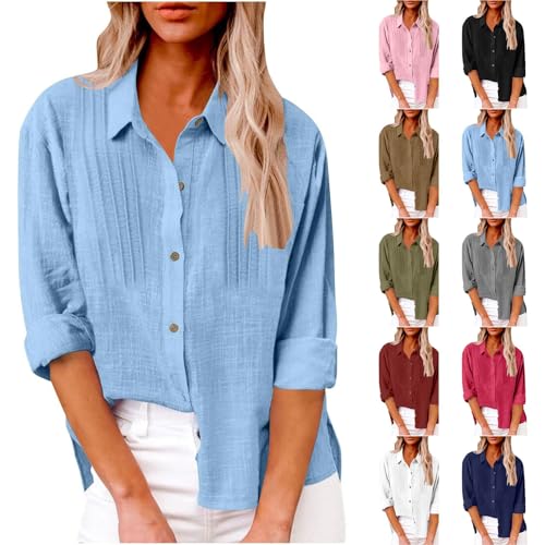 Musselin Bluse Damen Langarm Baumwolle Leinen Sommerblusen V-Ausschnitt Lässiges Einfarbig Kurzarm Strickjacke Revers Shirt Elegant Hemd Locker Langarmshirt Leicht Tuniken Luftig Leinenbluse von Generisch