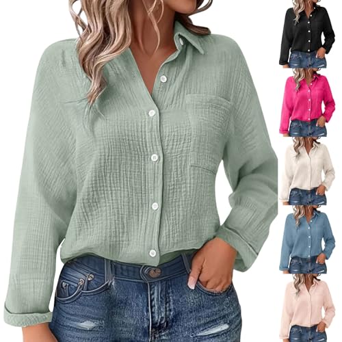 Musselin Bluse Damen Langarm Leinenbluse mit Taschen Revers Einreihige Leinenhemd Elegant Einfarbig Longshirt Weiche Baumwoll Langarmshirt für Frühling, Sommer und Herbst Button-Down Hemd S-5XL von Generisch