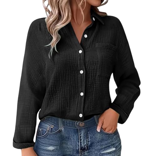 Musselin Bluse Damen Langarm Leinenbluse mit Taschen Revers Einreihige Leinenhemd Elegant Einfarbig Longshirt Weiche Baumwoll Langarmshirt für Frühling, Sommer und Herbst Button-Down Hemd S-5XL von Generisch