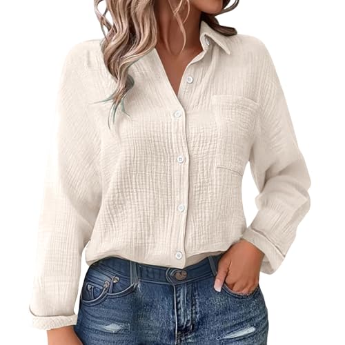 Musselin Bluse Damen Langarm Leinenbluse mit Taschen Revers Einreihige Leinenhemd Elegant Einfarbig Longshirt Weiche Baumwoll Langarmshirt für Frühling, Sommer und Herbst Button-Down Hemd S-5XL von Generisch