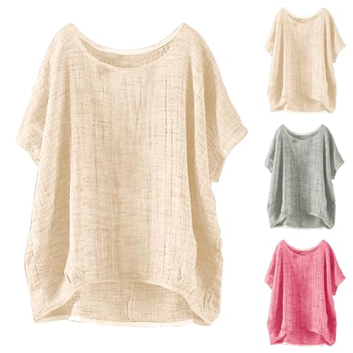Generisch Musselin Bluse Damen Oversized Damenblusen Kurzarm Leinen-Shirt Vintage Sommer Longshirts Leichte Bluse Musselin-Blusen Leinenshirt Oversized Leinen-Oberteil Tunika von Generisch