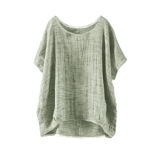 Musselin Bluse Damen Oversized Damenblusen Kurzarm Leinen-Shirt Vintage Sommer Longshirts Leichte Bluse Musselin-Blusen Leinenshirt Oversized Leinen-Oberteil Tunika von Generisch