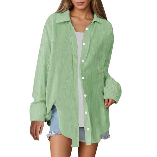 Musselin Bluse Damen Oversized Einfarbig Sommer Long Bluse Leinenbluse Oversize Langarm Modern Oberteile Long Shirt Elegant Hemdbluse Locker Langarmshirt Tuniken Cordhemd Jeansbluse von Generisch