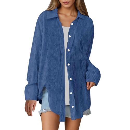 Musselin Bluse Damen Oversized Einfarbig Sommer Long Bluse Leinenbluse Oversize Langarm Modern Oberteile Long Shirt Elegant Hemdbluse Locker Langarmshirt Tuniken Cordhemd Jeansbluse von Generisch