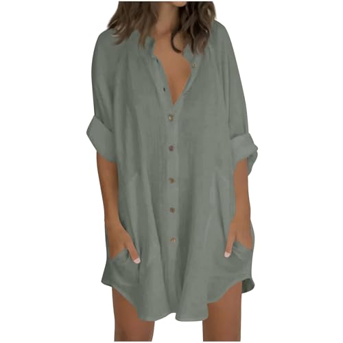 Musselin Bluse Damen Oversized Sommer 3/4 Longbluse Baumwolle Leinenbluse Leicht Hemd Oberteile Langarm Modische Hemdbluse Long Shirt Elegant Leinenhemd Locker Langarmshirt Tuniken von Generisch