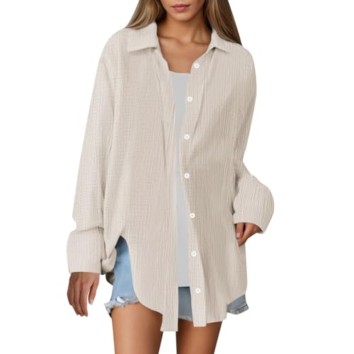 Musselin Bluse Damen Oversized Sommer Lässig Longbluse Baumwolle Leicht Hemd Oberteile Langarm Modern Hemdbluse Long Shirt Elegant Leinenhemd Locker Langarmshirt Tuniken(Beige, XL) von Generisch