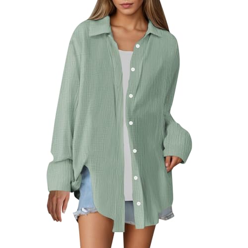 Musselin Bluse Damen Oversized Sommer Lässig Longbluse Baumwolle Leicht Hemd Oberteile Langarm Modern Hemdbluse Long Shirt Elegant Leinenhemd Locker Langarmshirt Tuniken(Lichtgrün, L) von Generisch