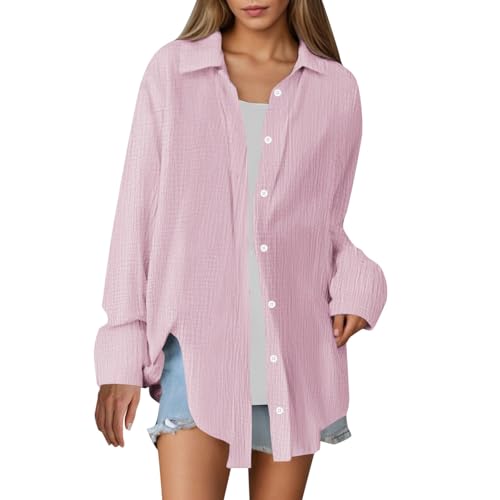 Musselin Bluse Damen Oversized Sommer Lässig Longbluse Baumwolle Leicht Musselin Hemd Damen Oberteile Langarm Modern Hemdbluse Long Shirt Elegant Leinenhemd Locker Langarmshirt Tuniken von Generisch