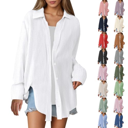 Musselin Bluse Damen Oversized Sommer Lässig Longbluse Baumwolle Leicht Musselin Hemd Damen Oberteile Langarm Modern Hemdbluse Long Shirt Elegant Leinenhemd Locker Langarmshirt Tuniken von Generisch