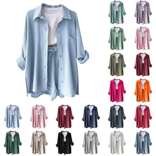 Musselin Bluse Damen Oversized - Sommer Lässig Longbluse Baumwolle Leicht Nnd Luftig Hemd Oberteile Langarm Einfarbig Modische Hemdbluse Long Shirt Elegant Leinenhemd Locker Langarmshirt Tuniken von Generisch
