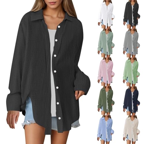 Musselin Bluse Damen Oversized Weiss Button Down Shirt Kleid Sommer Hemdbluse Loose Longbluse Langarm Oberteile Long Shirt Elegant Hemd Tunica Locker Langarmshirt Tuniken Strandkleid Bikini Cover Up von Generisch