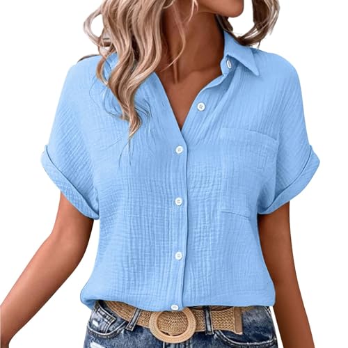 Musselin Bluse Damen Shirts Bluse Elegant Tunics Sommer Tshirt Kurzarm Leinen Knopf Bluse Lange Oversized T-Shirt Casual für Leggings Hohe Taille betont die Beine von Generisch