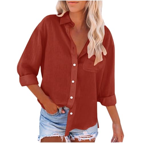 Musselin Bluse Damen Sommer Langarm Leinenhemd Button Down Leinenbluse Lässiges Tshirt Elegante Oberteile Leicht und Luftig Hemdbluse Tunika Blusenshirt Basic Shirts Top Einfarbig Longbluse von Generisch