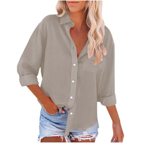 Musselin Bluse Damen Sommer Langarm Leinenhemd Button Down Leinenbluse Lässiges Tshirt Elegante Oberteile Leicht und Luftig Hemdbluse Tunika Blusenshirt Basic Shirts Top Einfarbig Longbluse von Generisch