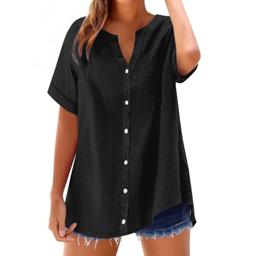 Musselin Bluse Damen Sommer Leinenbluse V-Ausschnitt Hemdbluse Elegante Oberteile Kurzarm Button-down Revers Kragen Blusen Tunika Shirt Leinen Top Damen Modisch Und Vielseitig von Generisch