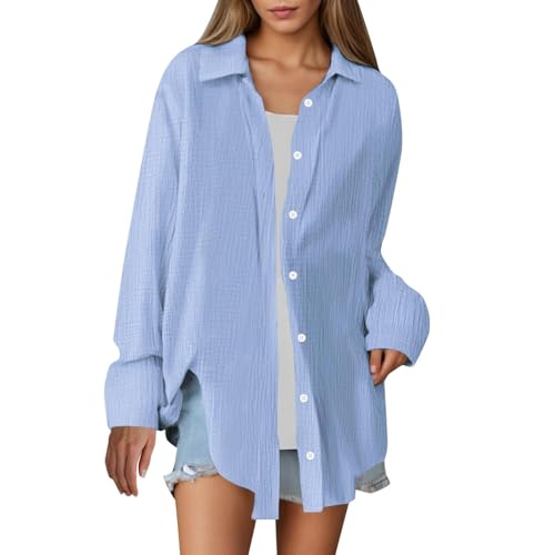 Musselin Bluse Damen Sommer Leinenbluse mit Knöpfe V-Ausschnitt Longbluse Baumwoll Leinenweste Einfarbig Tshirt mit Taschen Revers Einreihige Leinenhemd Button-Down Hemd von Generisch