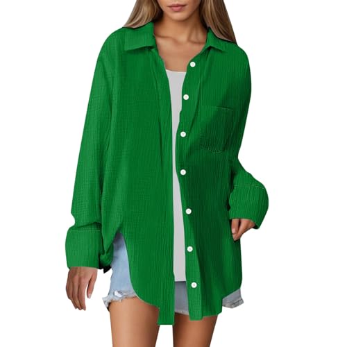 Musselin Bluse Damen Sommer Leinenbluse mit Knöpfe V-Ausschnitt Longbluse Baumwoll Leinenweste Einfarbig Tshirt mit Taschen Revers Einreihige Leinenhemd Button-Down Hemd von Generisch