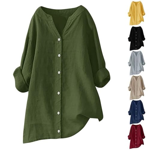 Musselin Blusen Damen Oversized Longbluse Elegant Festlich Leinenbluse 3/4 Arm Blusenshirt Festliche Blusen V-Ausschnitt Leinen Longshirt Große Größen Shirt Hemdbluse Tunika Leinen-Oberteile von Generisch