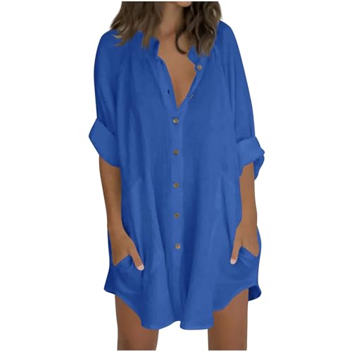Musselin Hemd Damen Elegant 3/4 Arm Blusehemd Langarm Locker Mode Long Shirt Hemdbluse Baumwolle Langarm Kleid Elegant Sommer Longbluse Tuniken Oberteile Langarmshirt Bluseshirt von Generisch