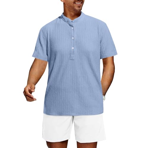 Musselin Hemd Herren Elastizität Streifen Hemd Leicht Komfortabel Atmungsaktiv Leinenhemd Einfarbig Elegant Lange und Kurze Ärmel Hawaii Hemd Boho Style Knöpfe Freizeit Trachtenhemd Sommerhemd von Generisch