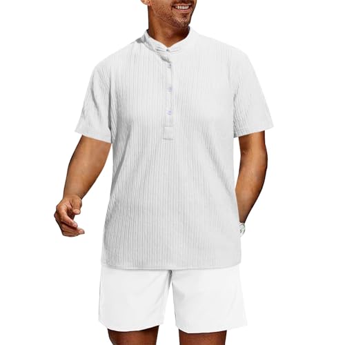 Musselin Hemd Herren Elastizität Streifen Hemd Leicht Komfortabel Atmungsaktiv Leinenhemd Einfarbig Elegant Lange und Kurze Ärmel Hawaii Hemd Boho Style Knöpfe Freizeit Trachtenhemd Sommerhemd von Generisch