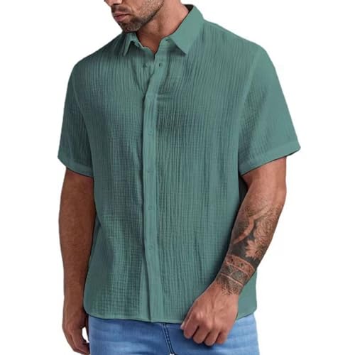 Musselin Hemd Herren Kurzarm Einfarbig Sommerhemd Freizeithemd Funky Businesshemd Sommer Casual Regular Fit Shirt Strand Shirt Atmungsaktiv Hawaii Hemd Männer Urlaub Strandhemd (Grün, L) von Generisch