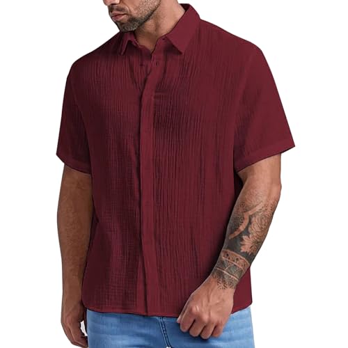 Musselin Hemd Herren Kurzarm Einfarbig Sommerhemd Freizeithemd Funky Businesshemd Sommer Casual Regular Fit Shirt Strand Shirt Atmungsaktiv Hawaii Hemd Männer Urlaub Strandhemd (Rot, L) von Generisch