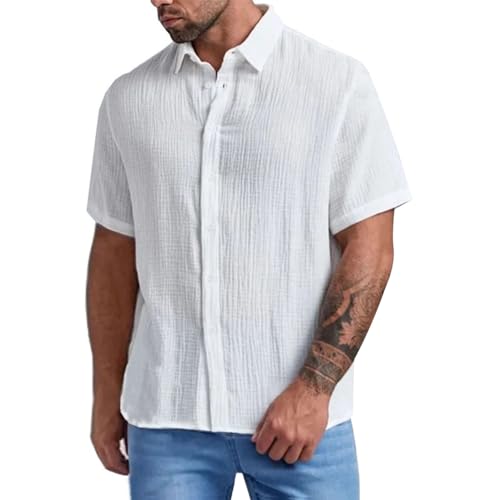 Musselin Hemd Herren Kurzarm Einfarbig Sommerhemd Freizeithemd Funky Businesshemd Sommer Casual Regular Fit Shirt Strand Shirt Atmungsaktiv Hawaii Hemd Männer Urlaub Strandhemd (Weiß, XXL) von Generisch