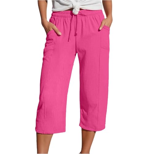 Musselin Hose 3/4 Leinenhose Sommer Kurze Hosen Sommerhose Leicht Caprihose Culotte Dreiviertel Strandhose Schlupfhose Kurzgrößen Damenhose Mit Gummizug von Generisch