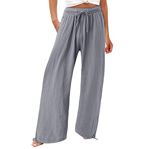 Musselin Hose Damen,Capri Hosen Damen Damen Casual Loose High Waist Baumwolle Leinen Weit Geschnittene Lange Hosen Mit Taschen Radlerhose Damen Baumwolle Weiße Leinenhose Lounge Hose Chino(Grau,M) von Generisch