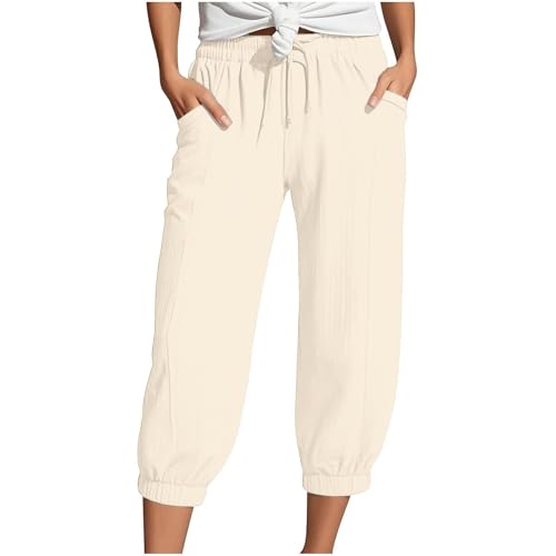 Musselin Hose Damen 3/4 Hose Sommer Caprihose Baumwolle Freizeithose Leicht Stoffhose Stretch Gerades Bein Jogginghose Outdoorhose Yoga Sporthose Kurze Sweathose mit 4 Tasche von Generisch
