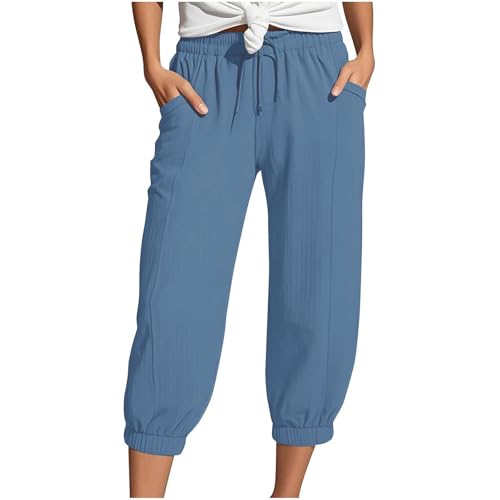 Musselin Hose Damen 3/4 Hose Sommer Caprihose Baumwolle Freizeithose Leicht Stoffhose Stretch Gerades Bein Jogginghose Outdoorhose Yoga Sporthose Kurze Sweathose mit 4 Tasche von Generisch