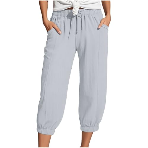 Musselin Hose Damen 3/4 Hose Sommer Caprihose Baumwolle Freizeithose Leicht Stoffhose Stretch Gerades Bein Jogginghose Outdoorhose Yoga Sporthose Kurze Sweathose mit 4 Tasche von Generisch
