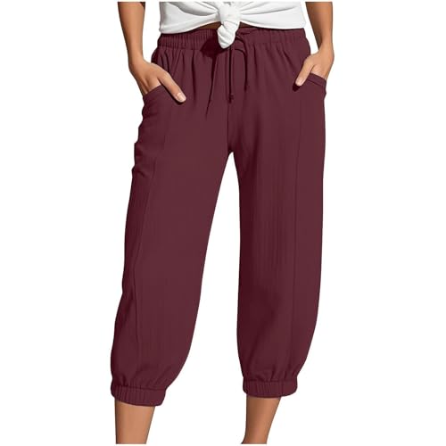 Musselin Hose Damen 3/4 Hose Sommer Caprihose Baumwolle Freizeithose Leicht Stoffhose Stretch Gerades Bein Jogginghose Outdoorhose Yoga Sporthose Kurze Sweathose mit 4 Tasche von Generisch