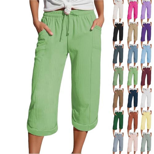 Musselin Hose Damen Lang, Musselin Hose 3/4 Leinenhose Sommer Kurze Hosen Sommerhose Leicht Caprihose Culotte Dreiviertel Strandhose von Generisch