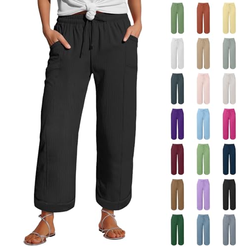Musselin Hose Damen Musselin Hose 2025 Sommer Leinen Beach Hosen Mit Taschen Sommerhose Leicht Stoffhose Kleid Stretch Gerades Bein Kordelzug Leinenhose Sommerhose Damen Leicht 7/8 von Generisch