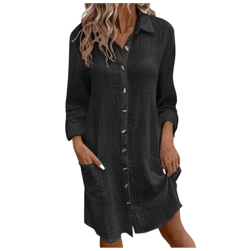 Musselin Kleid Damen Falten Leinen Kleider Revers Style Freizeit Kleid mit Taschen Luftige Sommerkleid Long Knopfleiste Knielang Strandkleid Einfarbig Komfortabel Boho Blusenkleid von Generisch