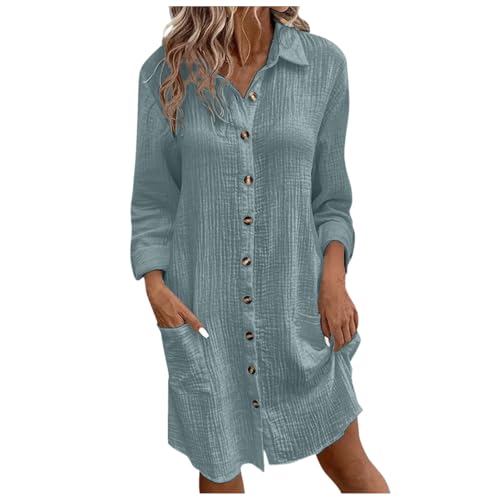 Musselin Kleid Damen Falten Leinen Kleider Revers Style Freizeit Kleid mit Taschen Luftige Sommerkleid Long Knopfleiste Knielang Strandkleid Einfarbig Komfortabel Boho Blusenkleid von Generisch