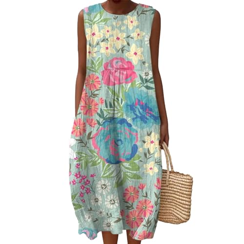 Musselin Kleid Damen Falten Leinen Sommerkleid Boho Rundhals Leichte Luftige Knielang Strandkleid Baumwolle Bedrucktes Ärmellos Kleid A Linie Sommerkleider Freizeitkleid mit Taschen von Generisch