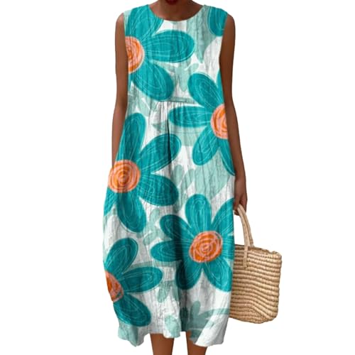 Musselin Kleid Damen Falten Leinen Sommerkleid Boho Rundhals Leichte Luftige Knielang Strandkleid Baumwolle Bedrucktes Ärmellos Kleid A Linie Sommerkleider Freizeitkleid mit Taschen von Generisch