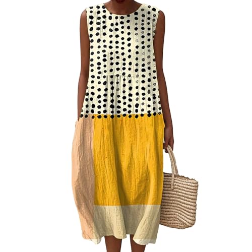 Musselin Kleid Damen Falten Leinen Sommerkleid Boho Rundhals Leichte Luftige Knielang Strandkleid Baumwolle Bedrucktes Ärmellos Kleid A Linie Sommerkleider Freizeitkleid mit Taschen von Generisch