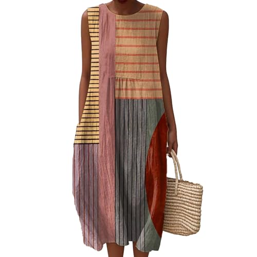 Musselin Kleid Damen Falten Leinen Sommerkleid Boho Rundhals Leichte Luftige Knielang Strandkleid Baumwolle Bedrucktes Ärmellos Kleid A Linie Sommerkleider Freizeitkleid mit Taschen von Generisch