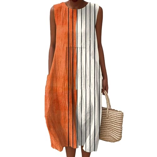 Musselin Kleid Damen Falten Leinen Sommerkleid Boho Rundhals Leichte Luftige Knielang Strandkleid Baumwolle Bedrucktes Ärmellos Kleid A Linie Sommerkleider Freizeitkleid mit Taschen von Generisch