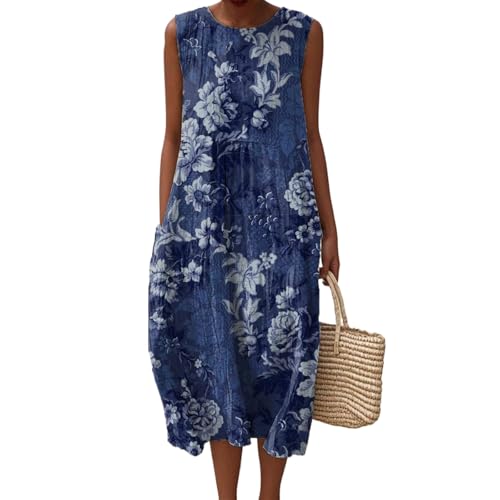 Musselin Kleid Damen Falten Leinen Sommerkleid Boho Rundhals Leichte Luftige Knielang Strandkleid Baumwolle Bedrucktes Ärmellos Kleid A Linie Sommerkleider Freizeitkleid mit Taschen von Generisch