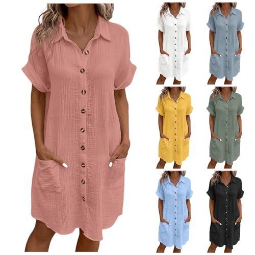 Musselin Kleid Damen Falten Leinen Sommerkleid Casual Revers Style Knopfleiste Knielang Strandkleid Baumwolle Einfarbig Kurzarm Kleid Luftige Sommer Blusenkleid Freizeitkleid mit Taschen von Generisch